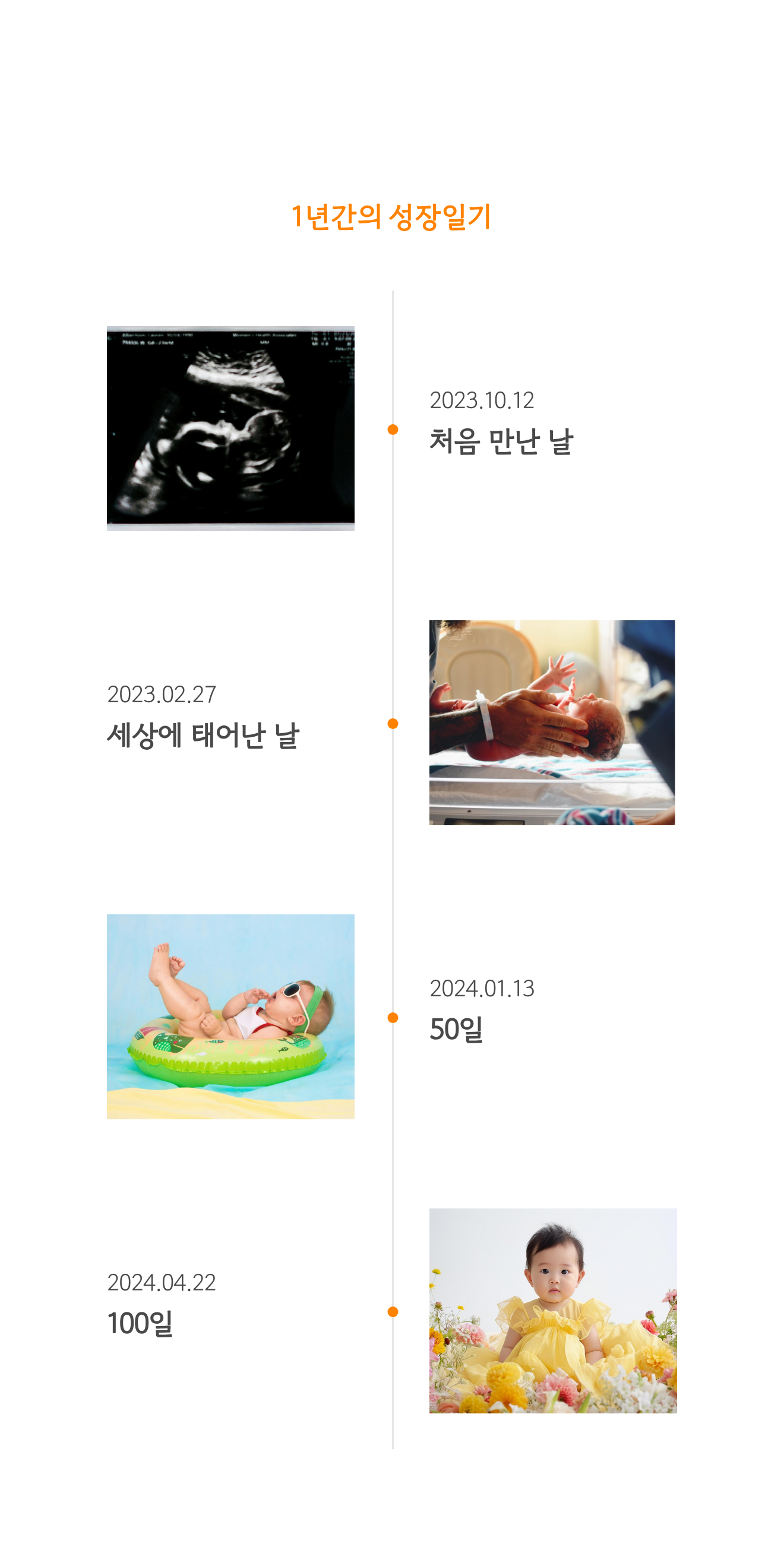 씬쿵 돌잔치 초대장 실제 미리보기 — 포토테이블 사진 순서를 계획하기 좋은 성장일기 화면